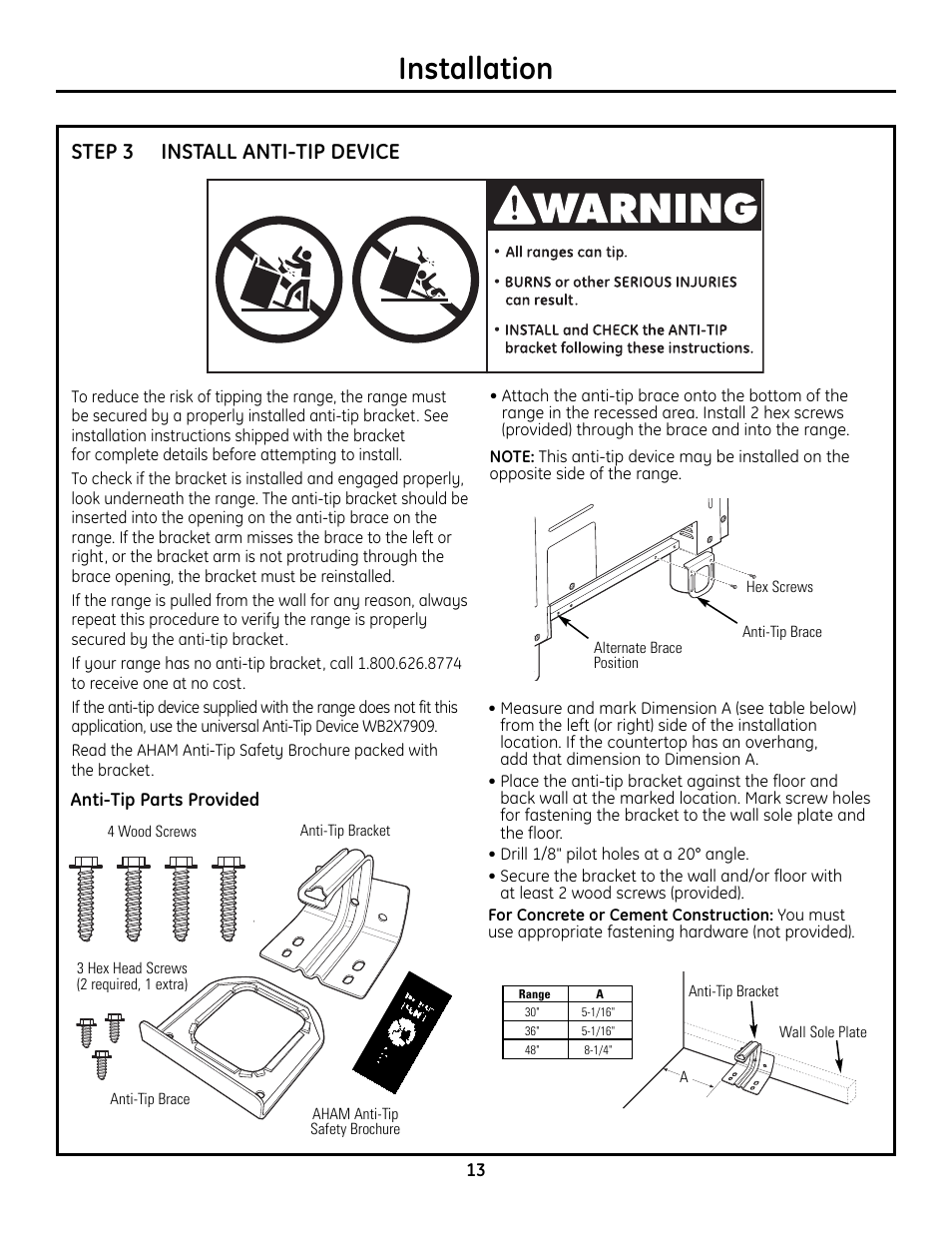 Step 3, install anti-tip device, Installation, Install anti-tip device step 3 | GE Monogram ZDP364LD User Manual | Page 13 / 68
