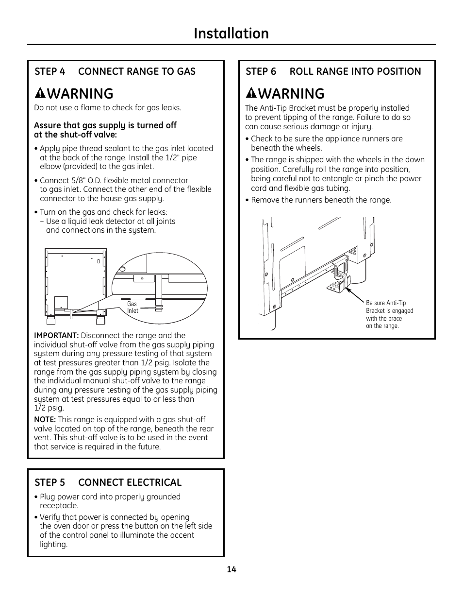 Step 4, connect range to gas, Step 5, connect electrical, Step 6, roll range into position | Warning, Installation | GE Monogram ZDP364LD User Manual | Page 14 / 68
