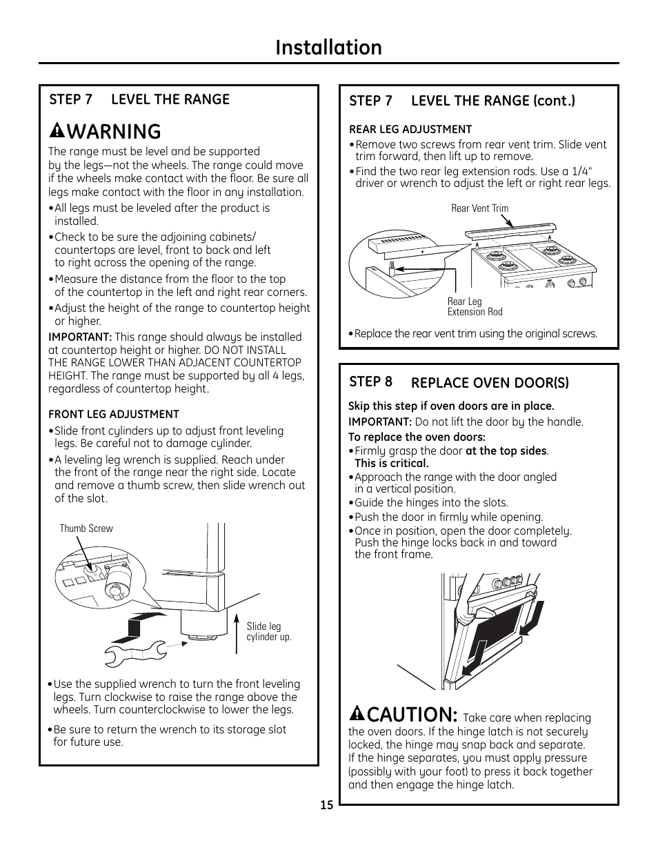 Step 7, level the range, Step 8, replace oven doors, Step 7, level the range step 8, replace oven doors | Caution, Installation, Warning | GE Monogram ZDP364LD User Manual | Page 15 / 68