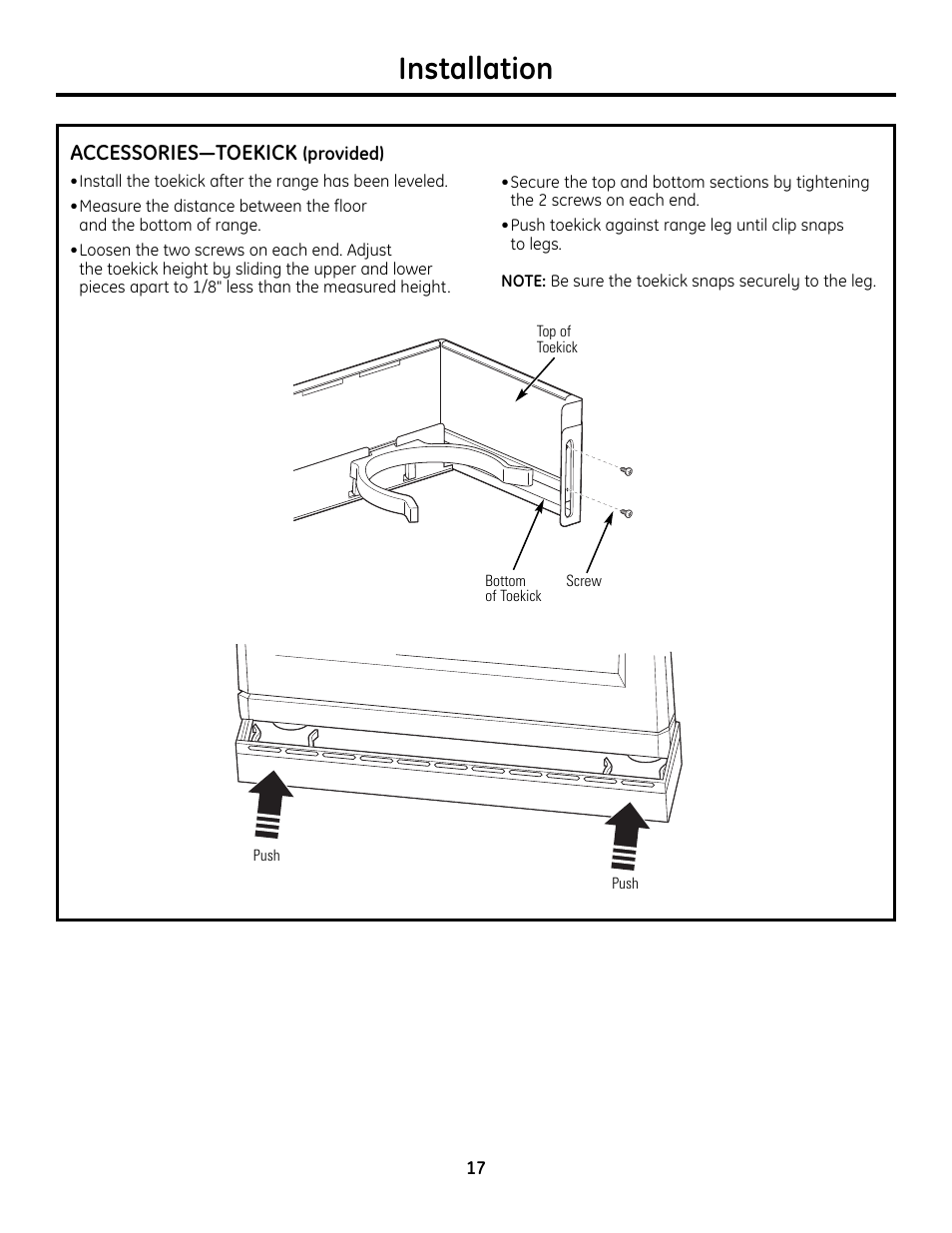Accessories, Installation, Accessories—toekick | GE Monogram ZDP364LD User Manual | Page 17 / 68