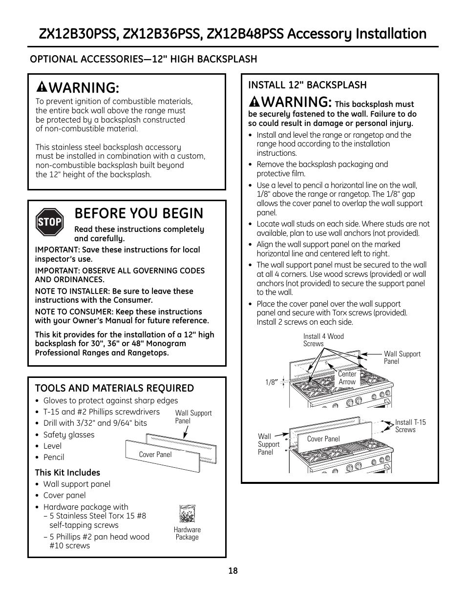 Accessory installation, Accessory installation –20, Warning | Before you begin | GE Monogram ZDP364LD User Manual | Page 18 / 68
