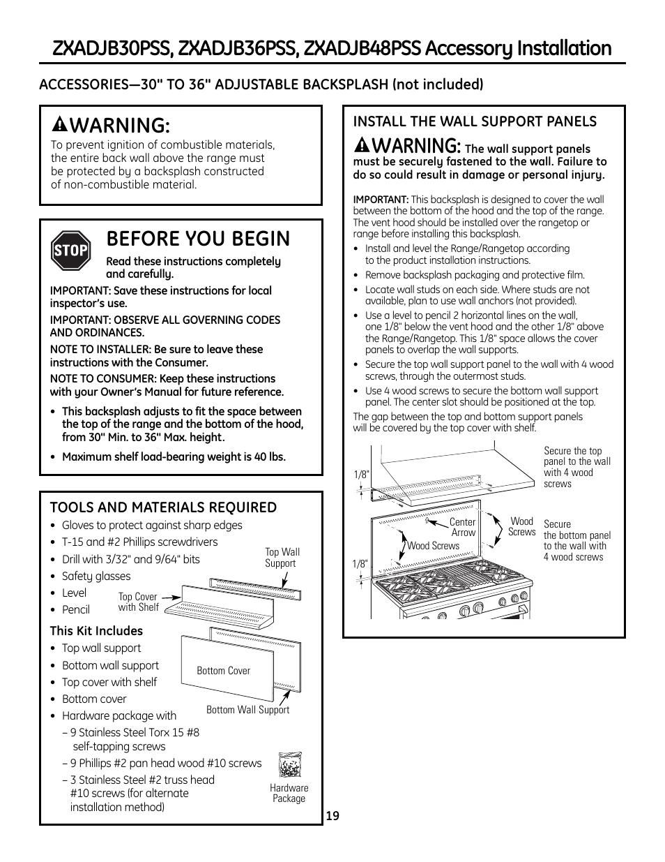 Warning, Before you begin, Tools and materials required | Install the wall support panels | GE Monogram ZDP364LD User Manual | Page 19 / 68