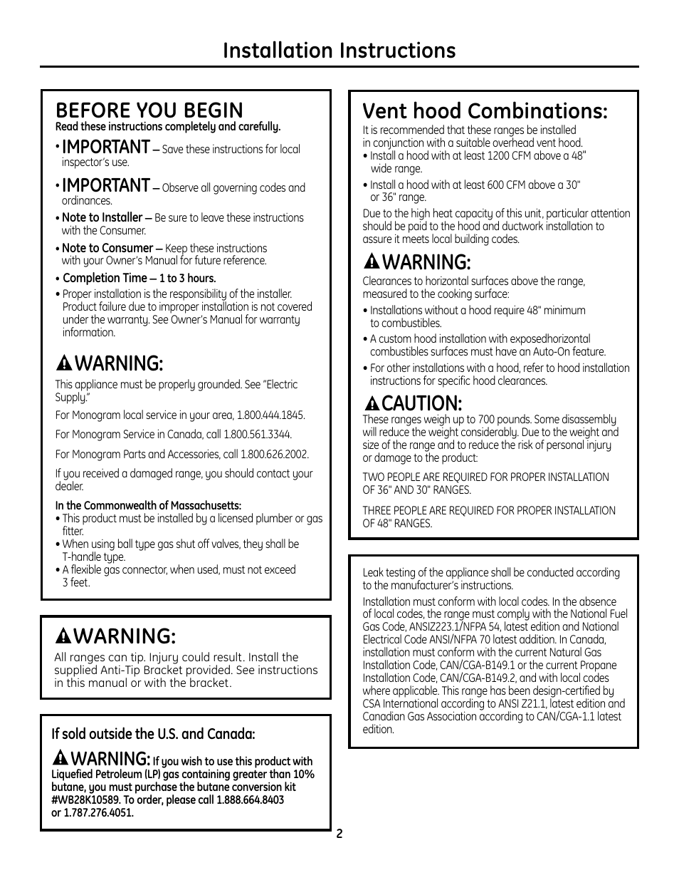 Safety information, Installation instructions before you begin, Warning | Vent hood combinations, Caution, Important | GE Monogram ZDP364LD User Manual | Page 2 / 68