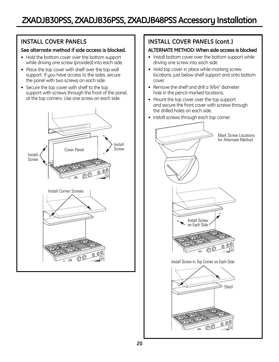 Install cover panels (cont.), Install cover panels | GE Monogram ZDP364LD User Manual | Page 20 / 68