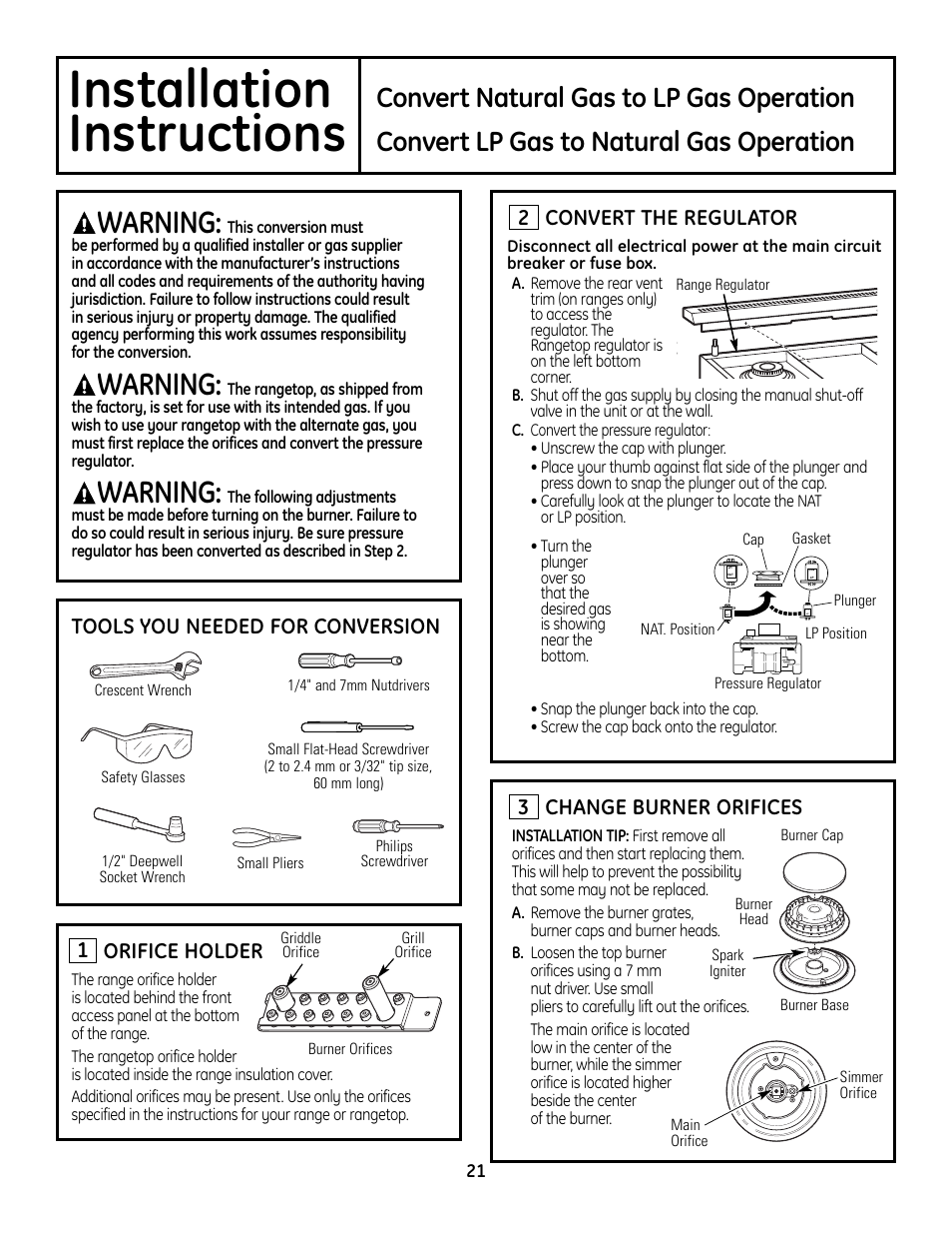 Gas conversion, Gas conversion -23, Installation | Instructions, Warning, Convert natural gas to lp gas operation, Convert lp gas to natural gas operation, 2change burner orifices, Orifice holder | GE Monogram ZDP364LD User Manual | Page 21 / 68