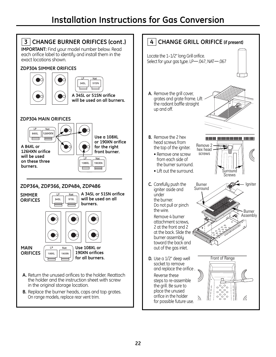 Installation instructions for gas conversion, Change grill orifice, Change burner orifices (cont.) | GE Monogram ZDP364LD User Manual | Page 22 / 68