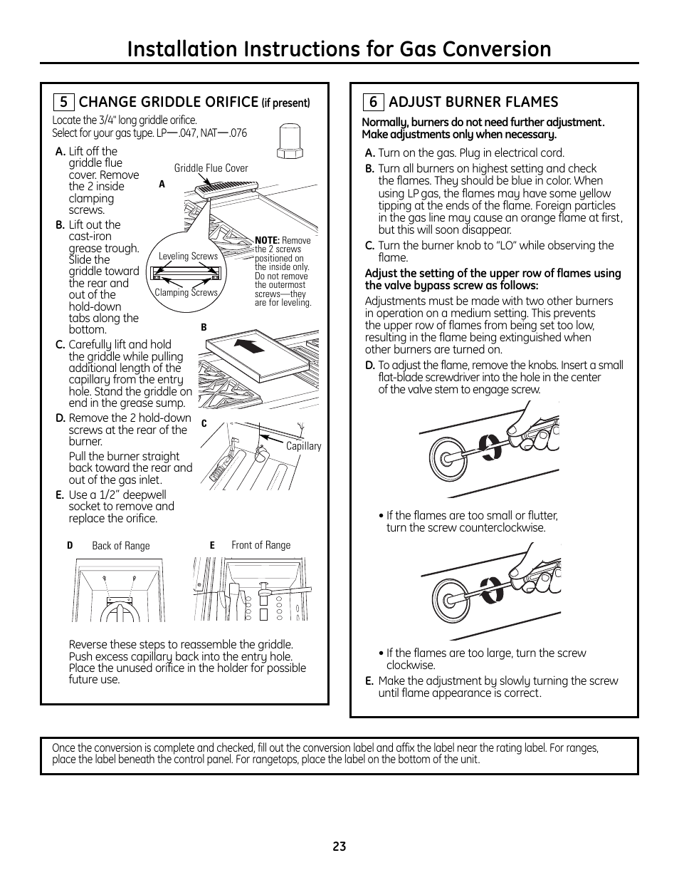 Installation instructions for gas conversion, Change griddle orifice, Adjust burner flames | GE Monogram ZDP364LD User Manual | Page 23 / 68