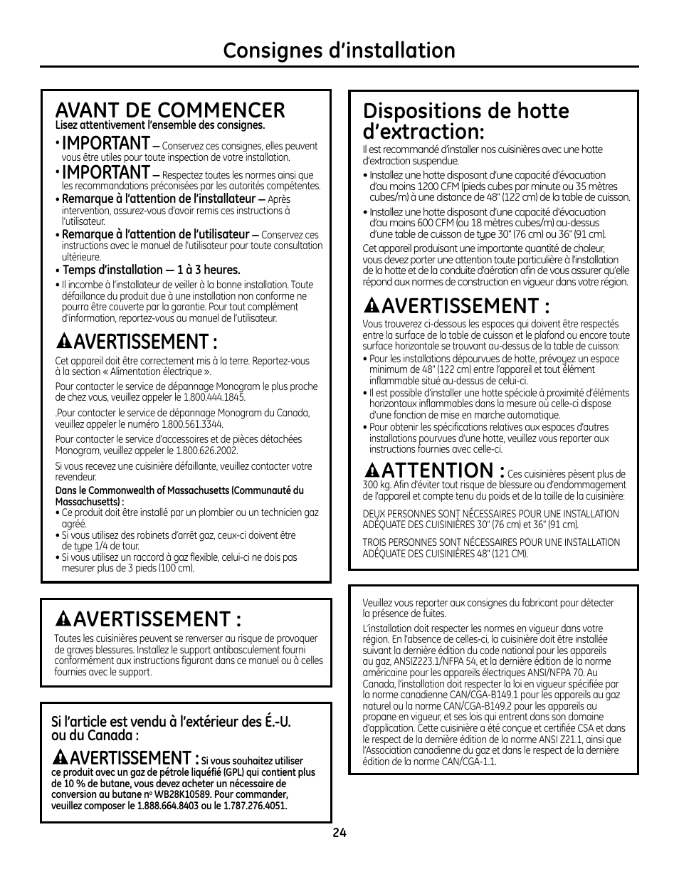 Consignes de securité, Consignes d’installation avant de commencer, Avertissement | Dispositions de hotte d’extraction, Attention, Important | GE Monogram ZDP364LD User Manual | Page 24 / 68