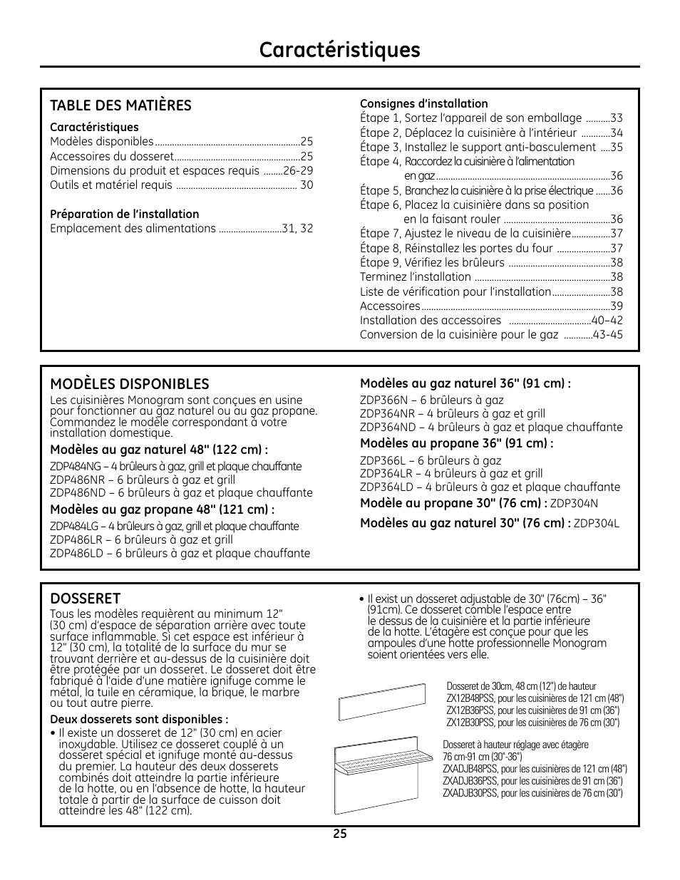Français, Caractéristiques, Modèles disponibles | Accessoires du dosseret, Préparation de l’installation, Consignes d’installation | GE Monogram ZDP364LD User Manual | Page 25 / 68