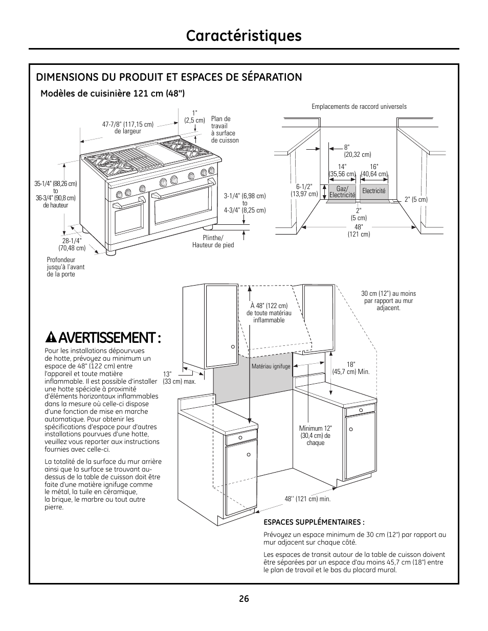 Dimensions du produit et espaces requis, Dimensions du produit et espaces requis -29, Caractéristiques | Avertissement, Dimensions du produit et espaces de séparation | GE Monogram ZDP364LD User Manual | Page 26 / 68
