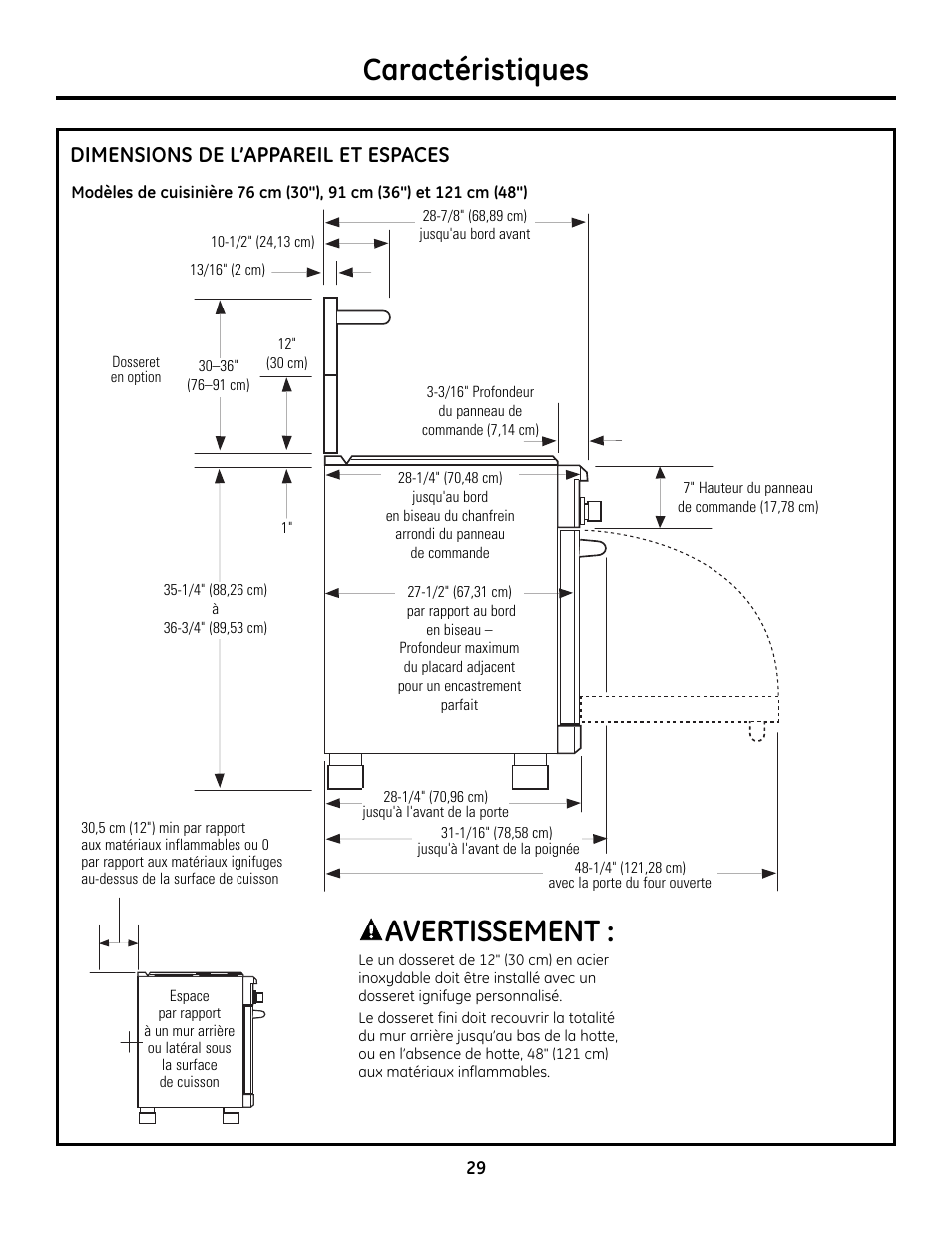 Caractéristiques, Avertissement, Dimensions de l’appareil et espaces | GE Monogram ZDP364LD User Manual | Page 29 / 68