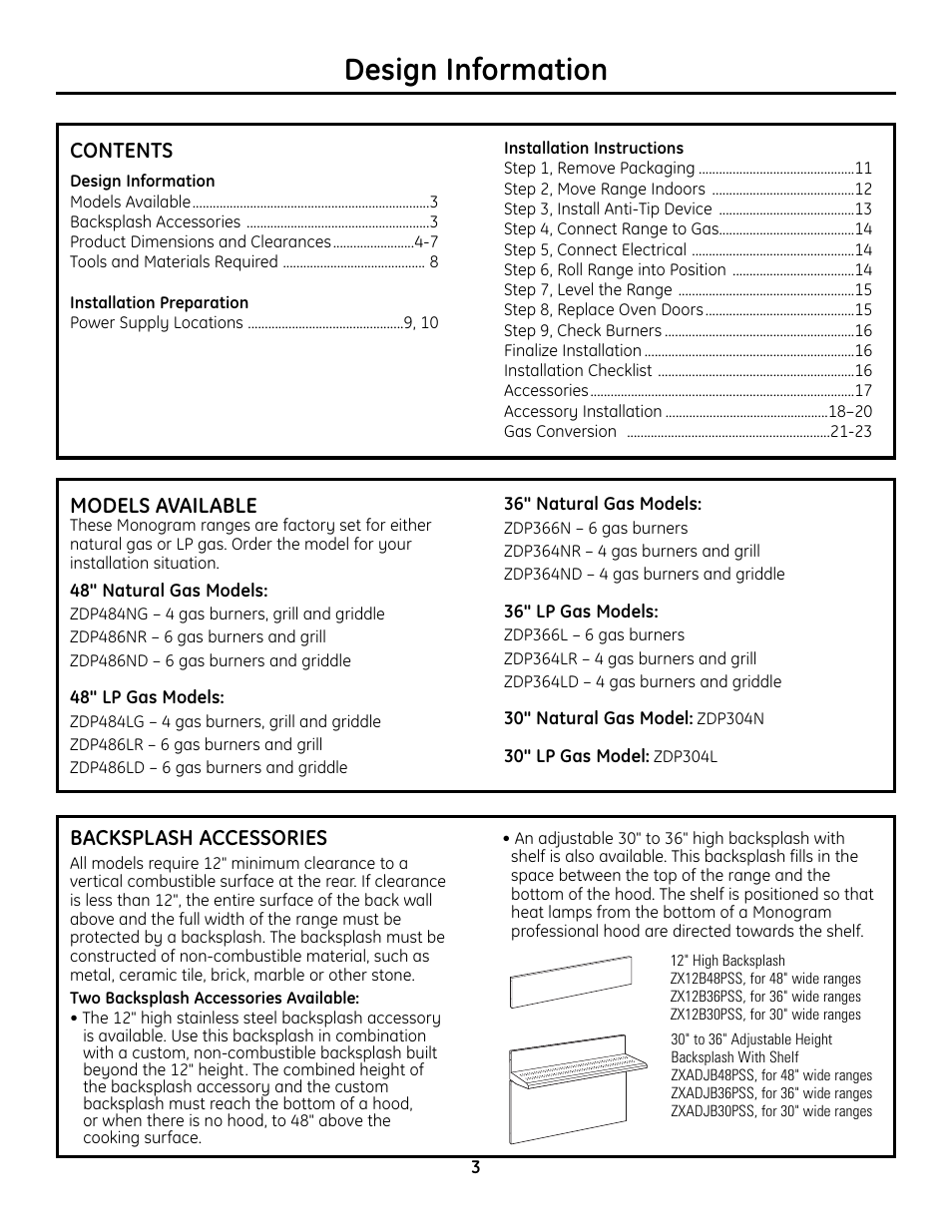 English, Design information, Models available | Backsplash accessories, Installation preparation, Installation instructions | GE Monogram ZDP364LD User Manual | Page 3 / 68
