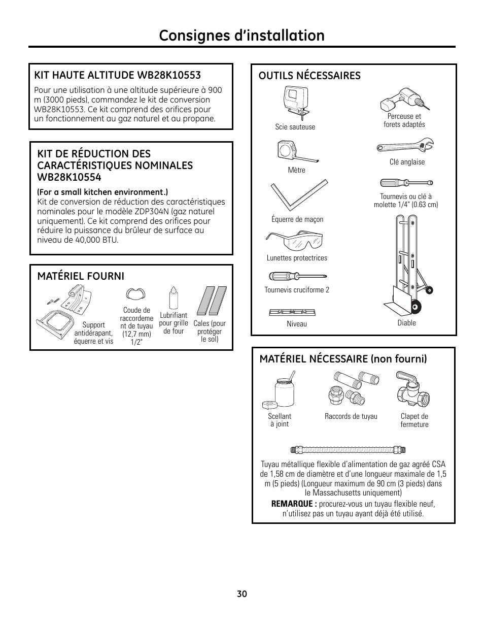 Outils et matériel requis, Consignes d’installation, Matériel nécessaire (non fourni) | Outils nécessaires, Matériel fourni | GE Monogram ZDP364LD User Manual | Page 30 / 68