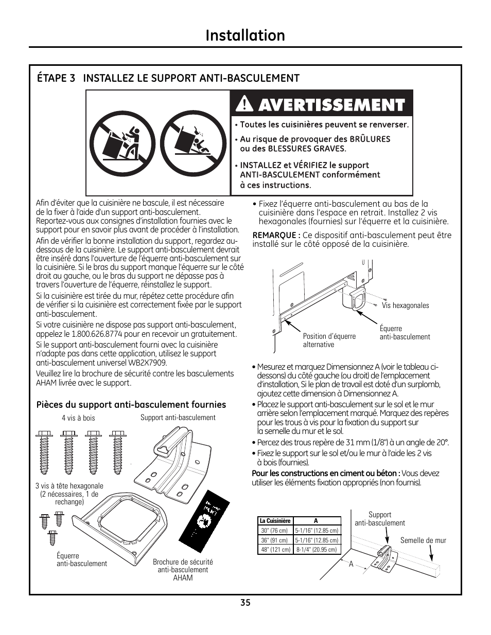 Étape 3, installez le support anti-basculement, Installation, Installez le support anti-basculement étape 3 | GE Monogram ZDP364LD User Manual | Page 35 / 68
