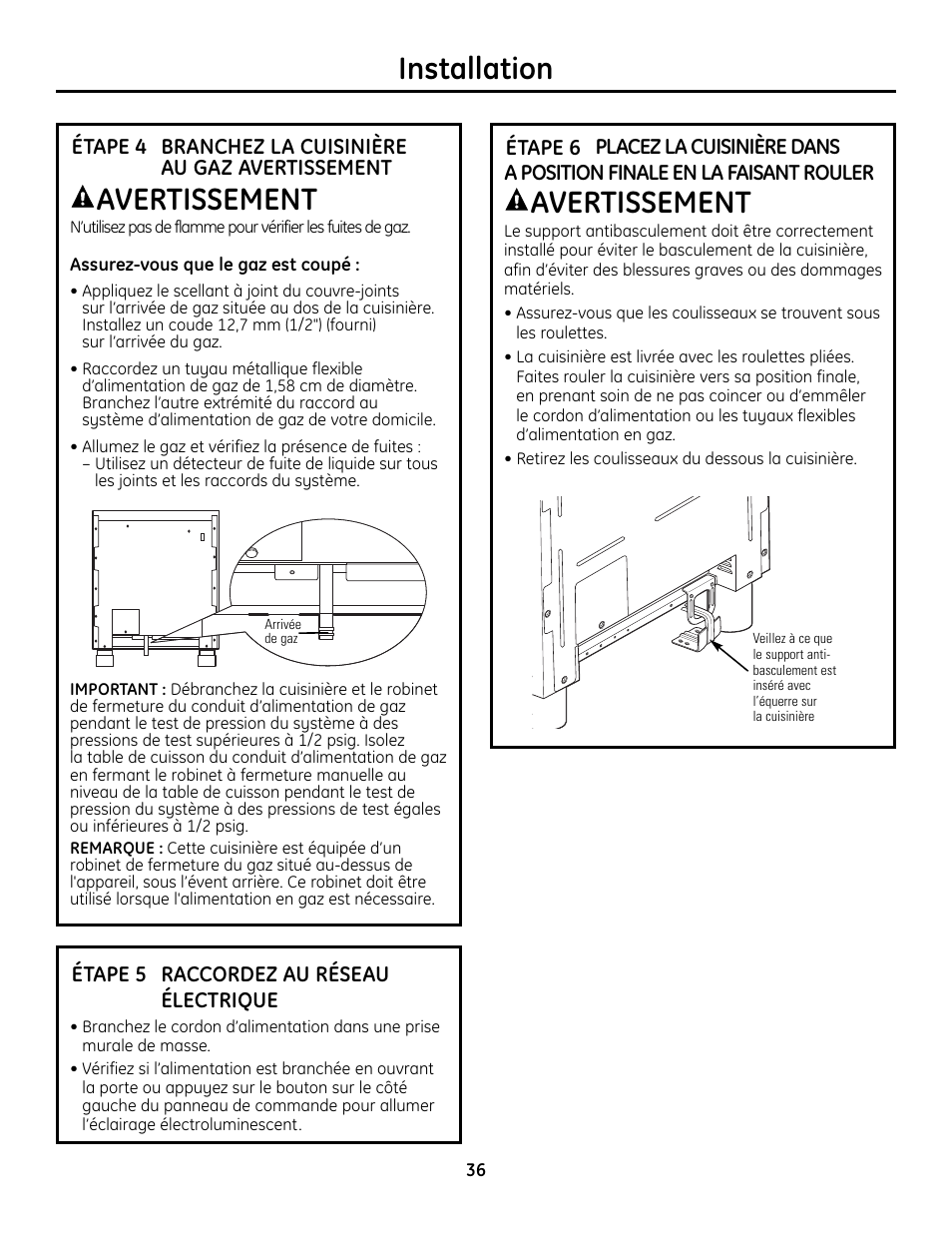 Étape 4, raccordez la cuisinière à l’alimentation, En gaz, En la faisant rouler | Avertissement, Installation | GE Monogram ZDP364LD User Manual | Page 36 / 68