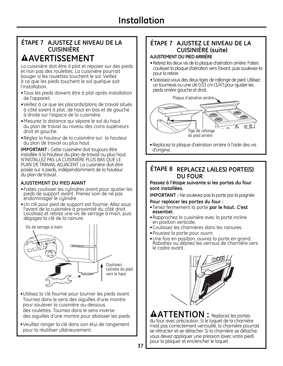 Étape 7, ajustez le niveau de la cuisinière, Étape 8, réinstallez les portes du four, Attention | Installation, Avertissement | GE Monogram ZDP364LD User Manual | Page 37 / 68