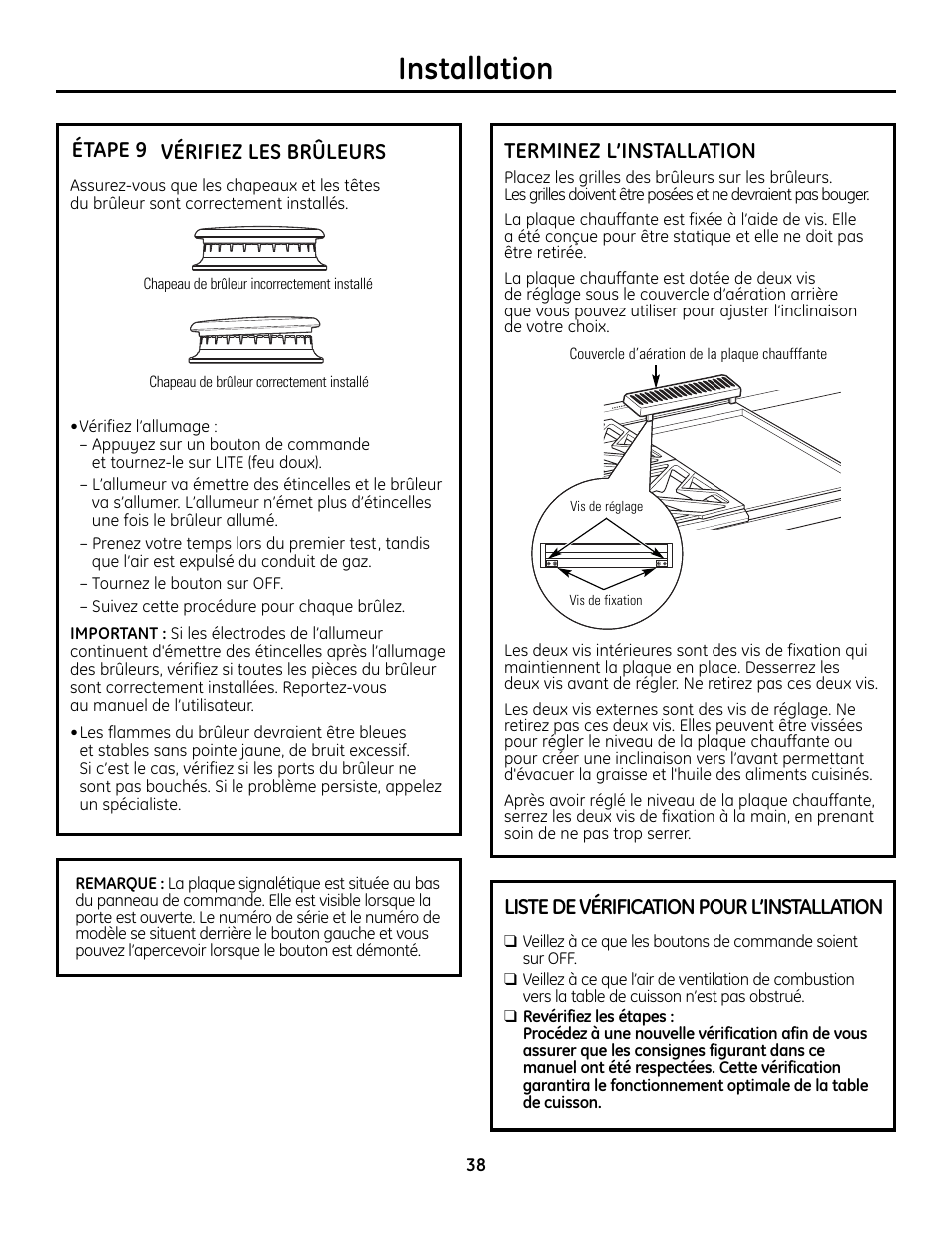 Étape 9, vérifiez les brûleurs, Terminez l’installation, Liste de vérification pour l’installation | Installation, Vérifiez les brûleurs, Étape 9 | GE Monogram ZDP364LD User Manual | Page 38 / 68