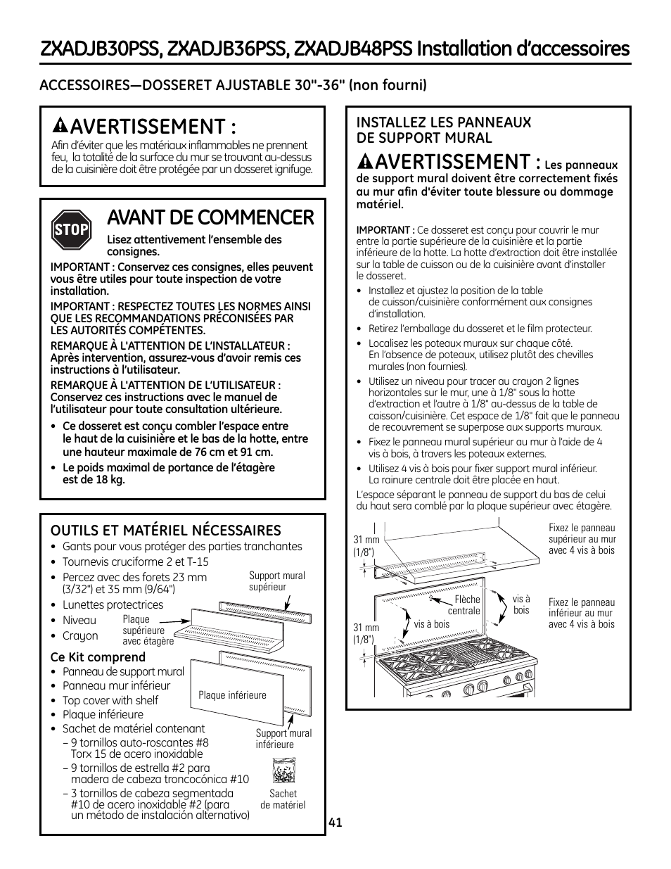 Avertissement, Avant de commencer, Outils et matériel nécessaires | Installez les panneaux de support mural | GE Monogram ZDP364LD User Manual | Page 41 / 68