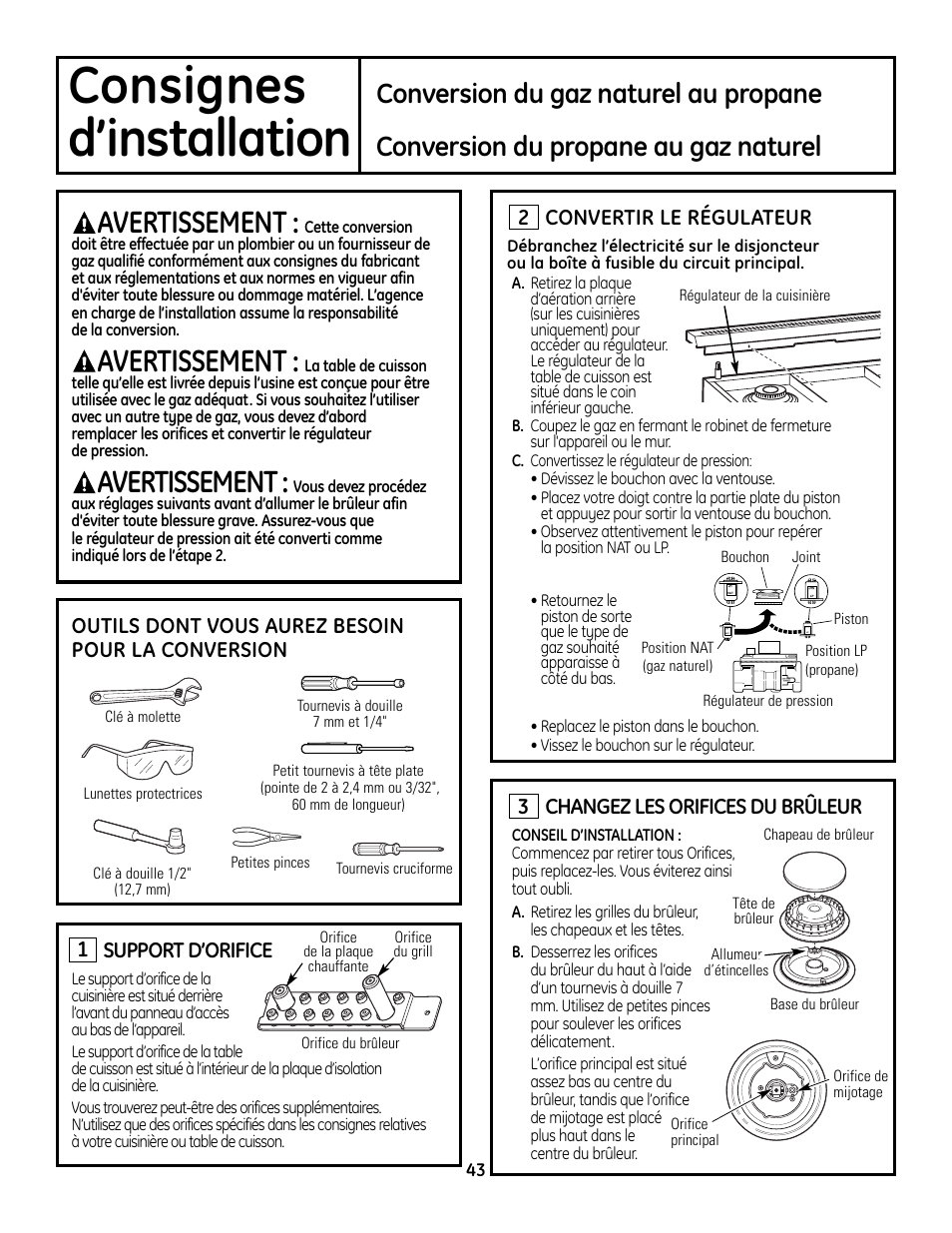 Conversion de la cuisinière pour le gaz, Conversion de la cuisinière pour le gaz -45, Consignes | D’installation, Avertissement, Conversion du gaz naturel au propane, Conversion du propane au gaz naturel, 2changez les orifices du brûleur, Support d’orifice | GE Monogram ZDP364LD User Manual | Page 43 / 68