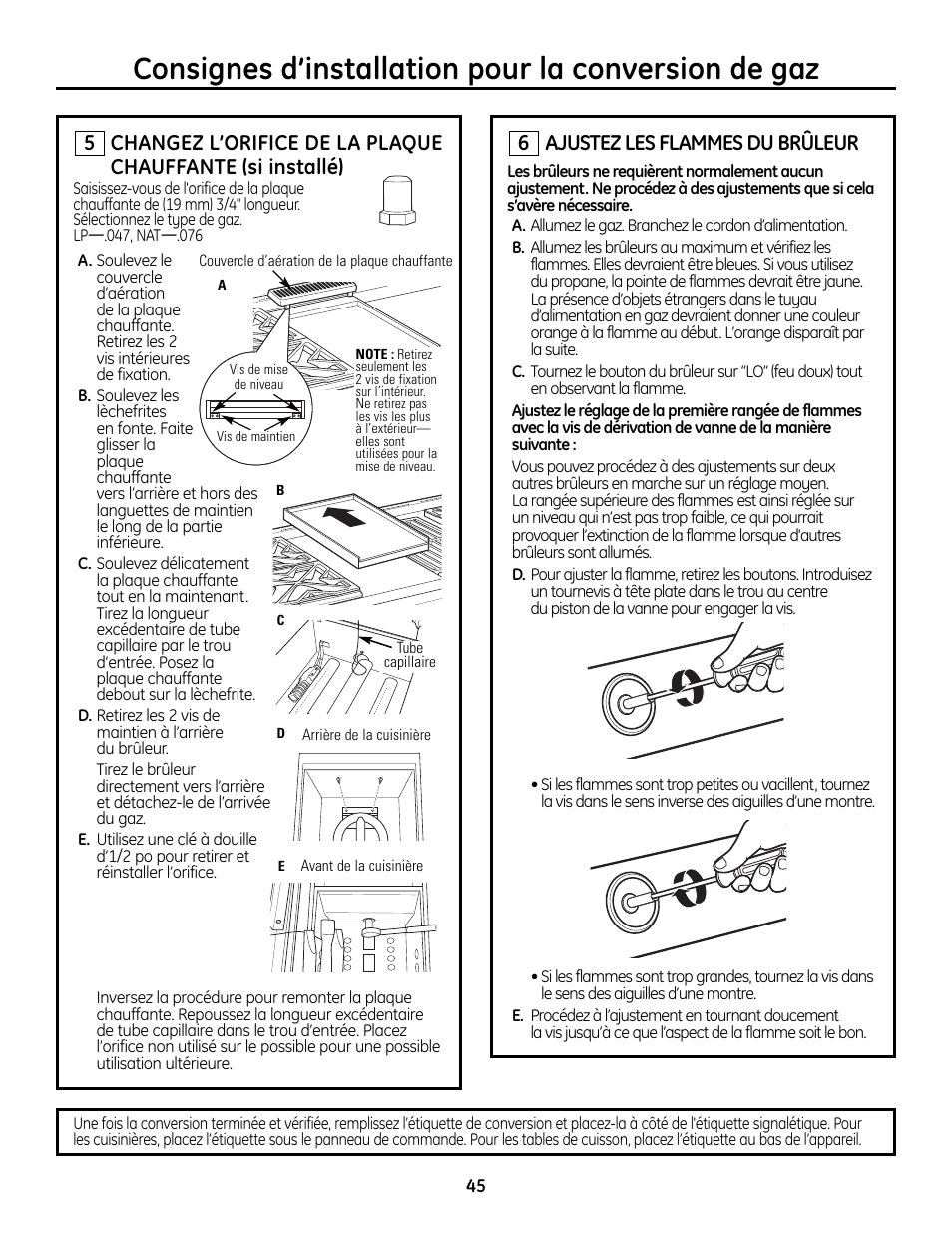 Consignes d’installation pour la conversion de gaz, Ajustez les flammes du brûleur | GE Monogram ZDP364LD User Manual | Page 45 / 68