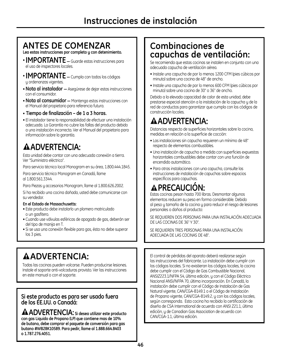Información de seguridad, Instrucciones de instalación antes de comenzar, Advertencia | Combinaciones de capuchas de ventilación, Precaución, Importante | GE Monogram ZDP364LD User Manual | Page 46 / 68