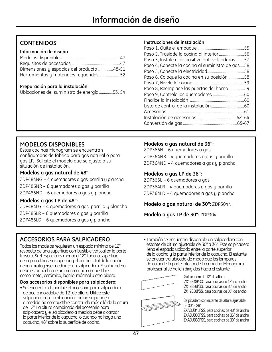 Español, Información de diseño, Modelos disponibles | Requisitos de accesorios, Preparación para la instalación, Instrucciones de instalación | GE Monogram ZDP364LD User Manual | Page 47 / 68