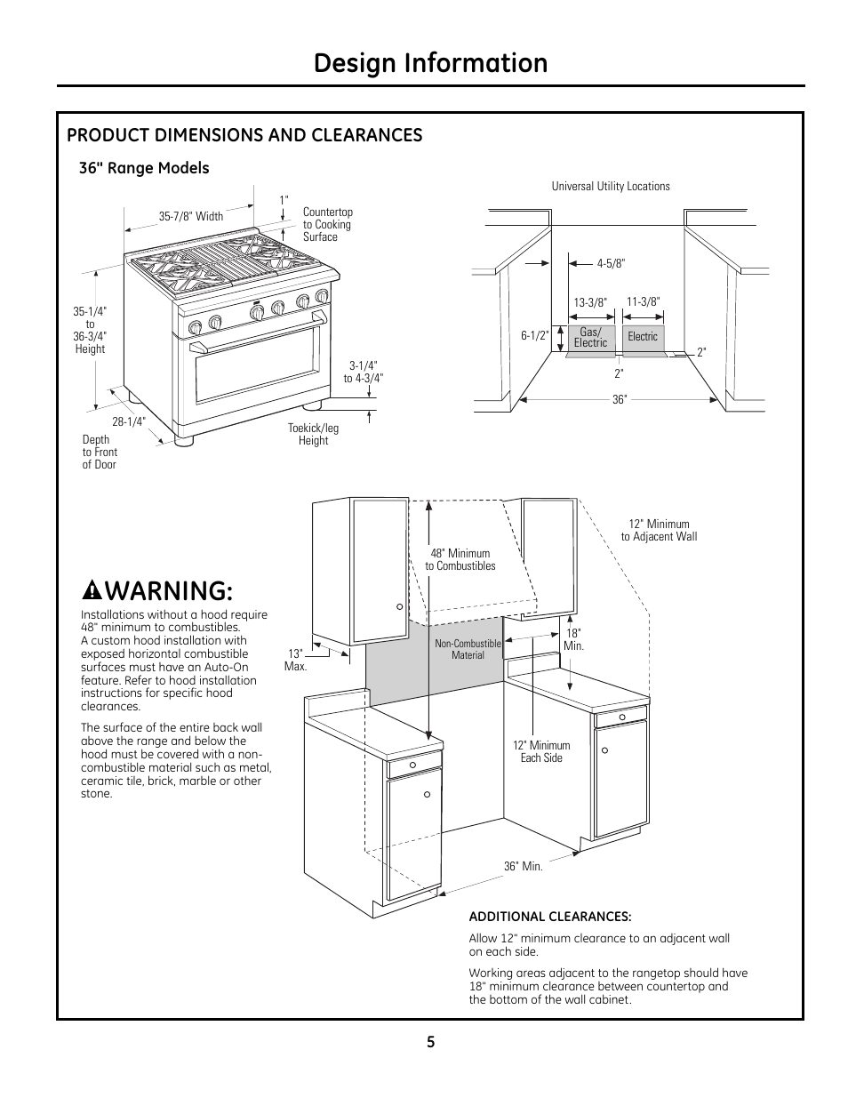 Design information, Warning, Product dimensions and clearances | GE Monogram ZDP364LD User Manual | Page 5 / 68