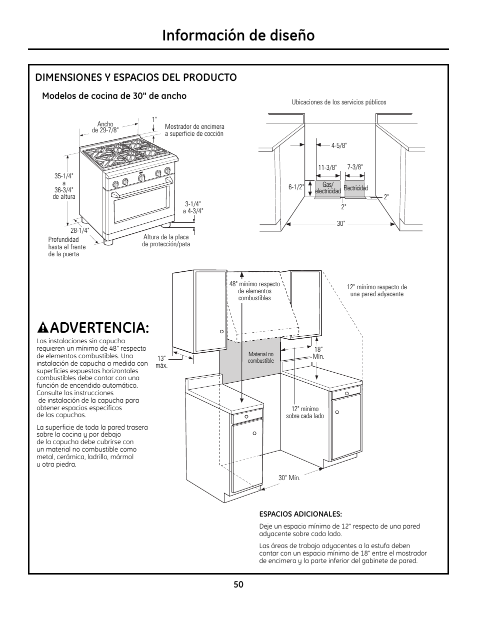 Información de diseño, Advertencia, Dimensiones y espacios del producto | GE Monogram ZDP364LD User Manual | Page 50 / 68