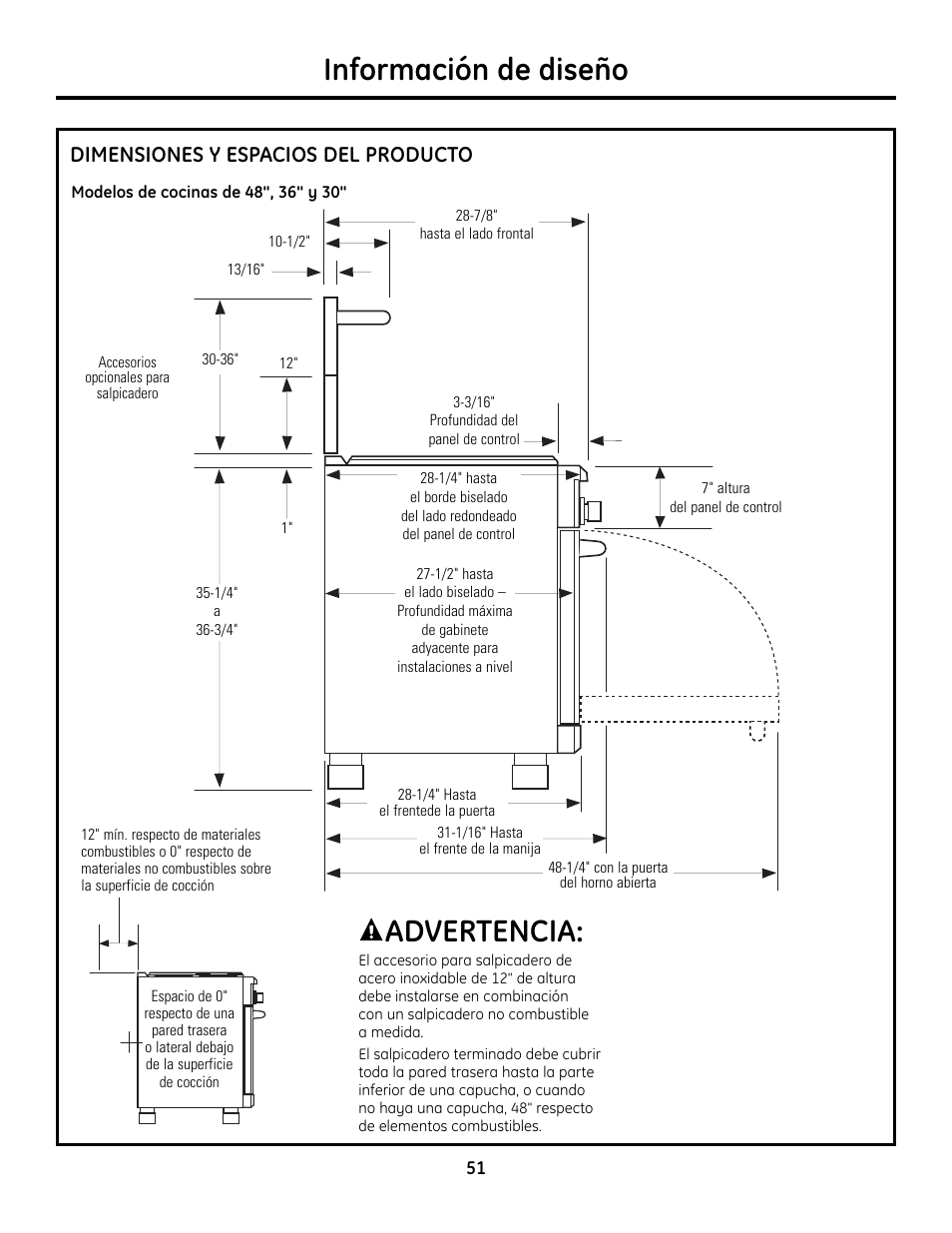 Información de diseño, Advertencia, Dimensiones y espacios del producto | GE Monogram ZDP364LD User Manual | Page 51 / 68