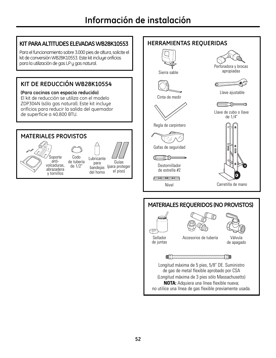 Herramientas y materiales requeridos, Información de instalación, Materiales requeridos (no provistos) | Herramientas requeridas, Materiales provistos | GE Monogram ZDP364LD User Manual | Page 52 / 68