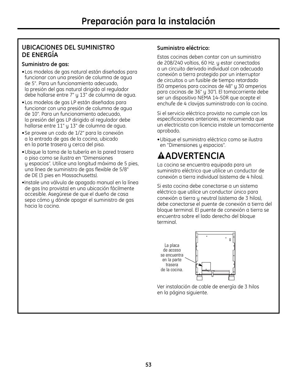 Ubicaciones del suministro de energía, Ubicaciones del suministro de energía , 54, Advertencia | Preparación para la instalación | GE Monogram ZDP364LD User Manual | Page 53 / 68