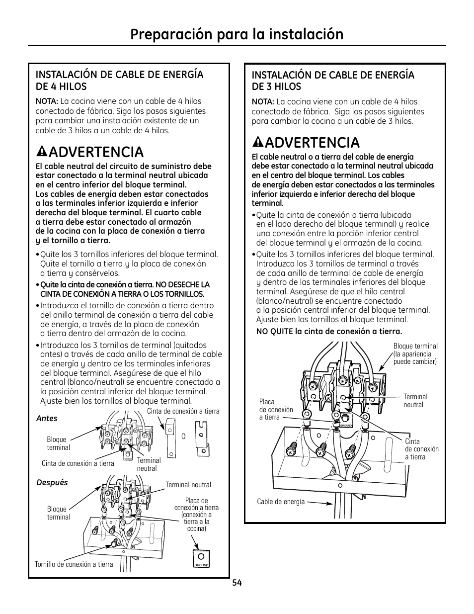 Preparación para la instalación, Advertencia, Instalación de cable de energía de 4 hilos | Instalación de cable de energía de 3 hilos | GE Monogram ZDP364LD User Manual | Page 54 / 68