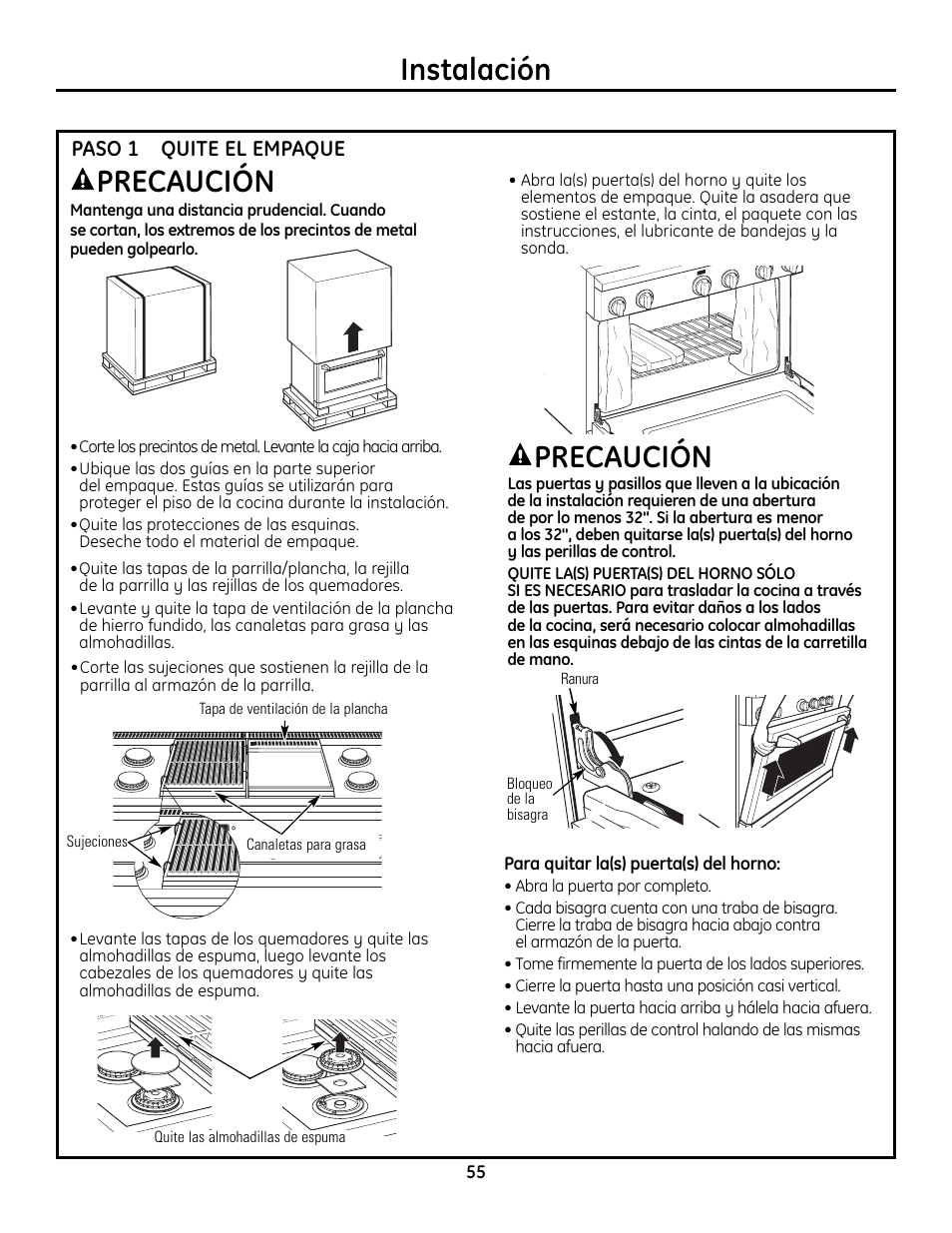 Paso 1, quite el empaque, Instalación, Precaución | GE Monogram ZDP364LD User Manual | Page 55 / 68