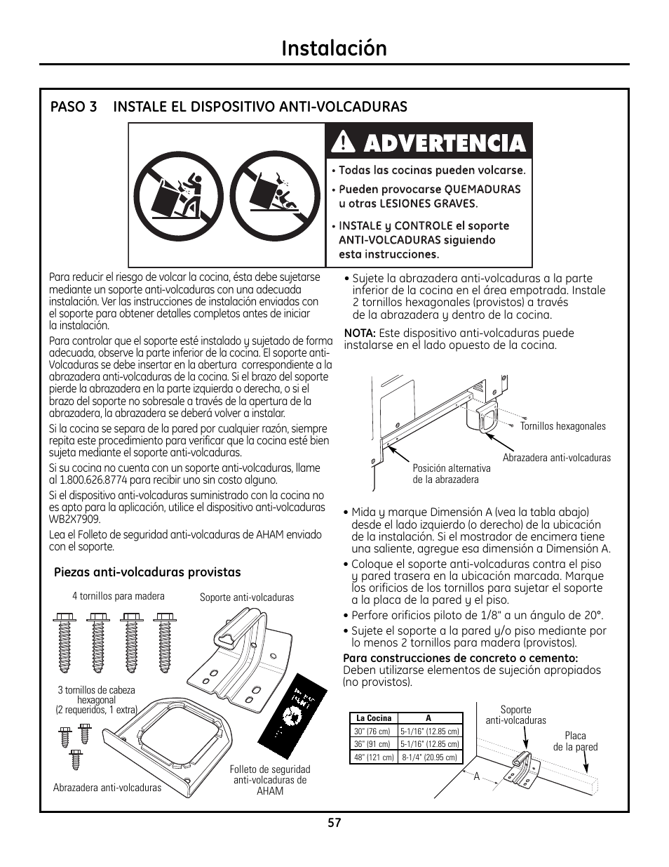 Paso 3, instale el dispositivo anti-volcaduras, Instalación, Instale el dispositivo anti-volcaduras paso 3 | GE Monogram ZDP364LD User Manual | Page 57 / 68