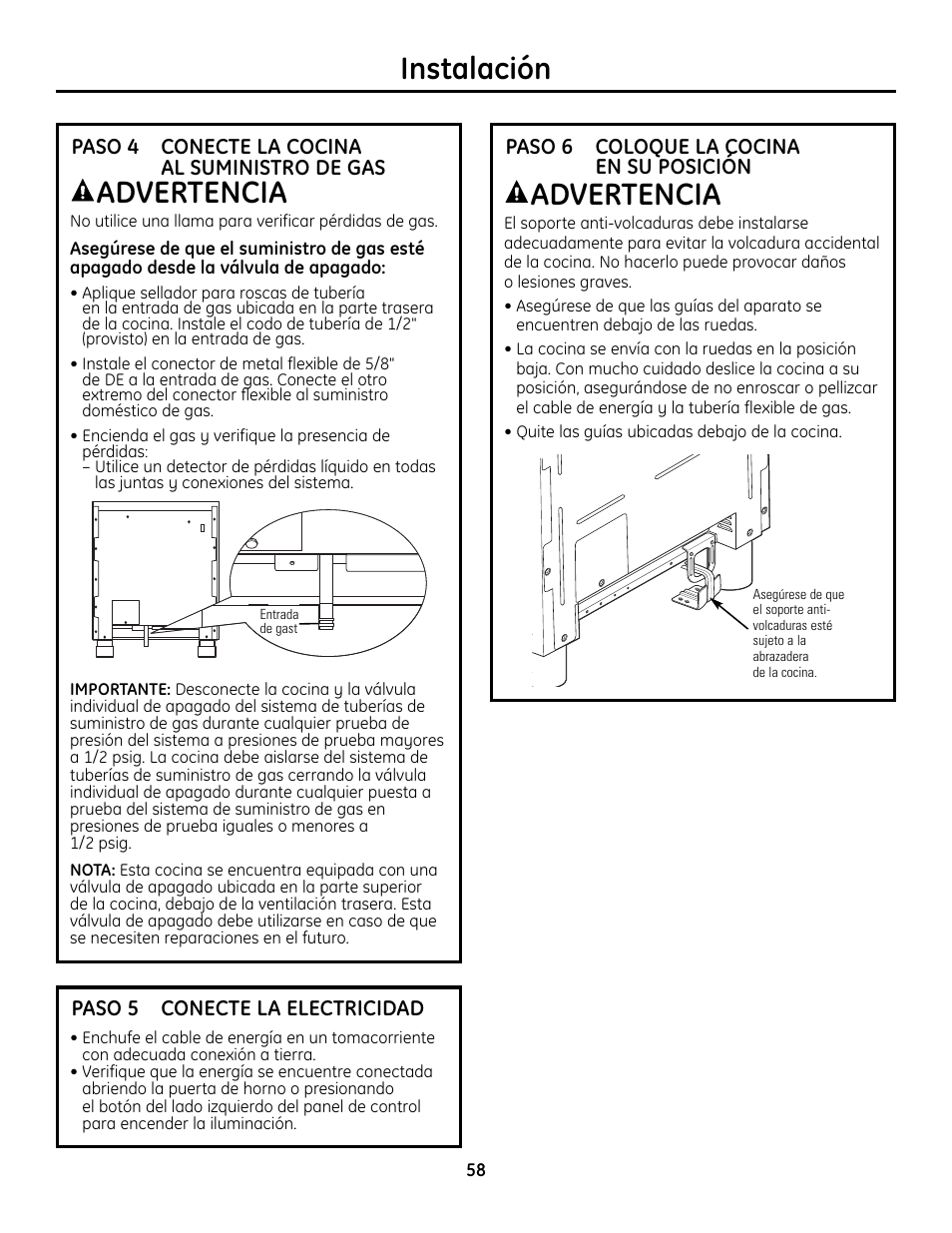 Paso 4, conecte la cocina al suministro de gas, Paso 5, conecte la electricidad, Paso 6, coloque la cocina en su posición | Advertencia, Instalación | GE Monogram ZDP364LD User Manual | Page 58 / 68