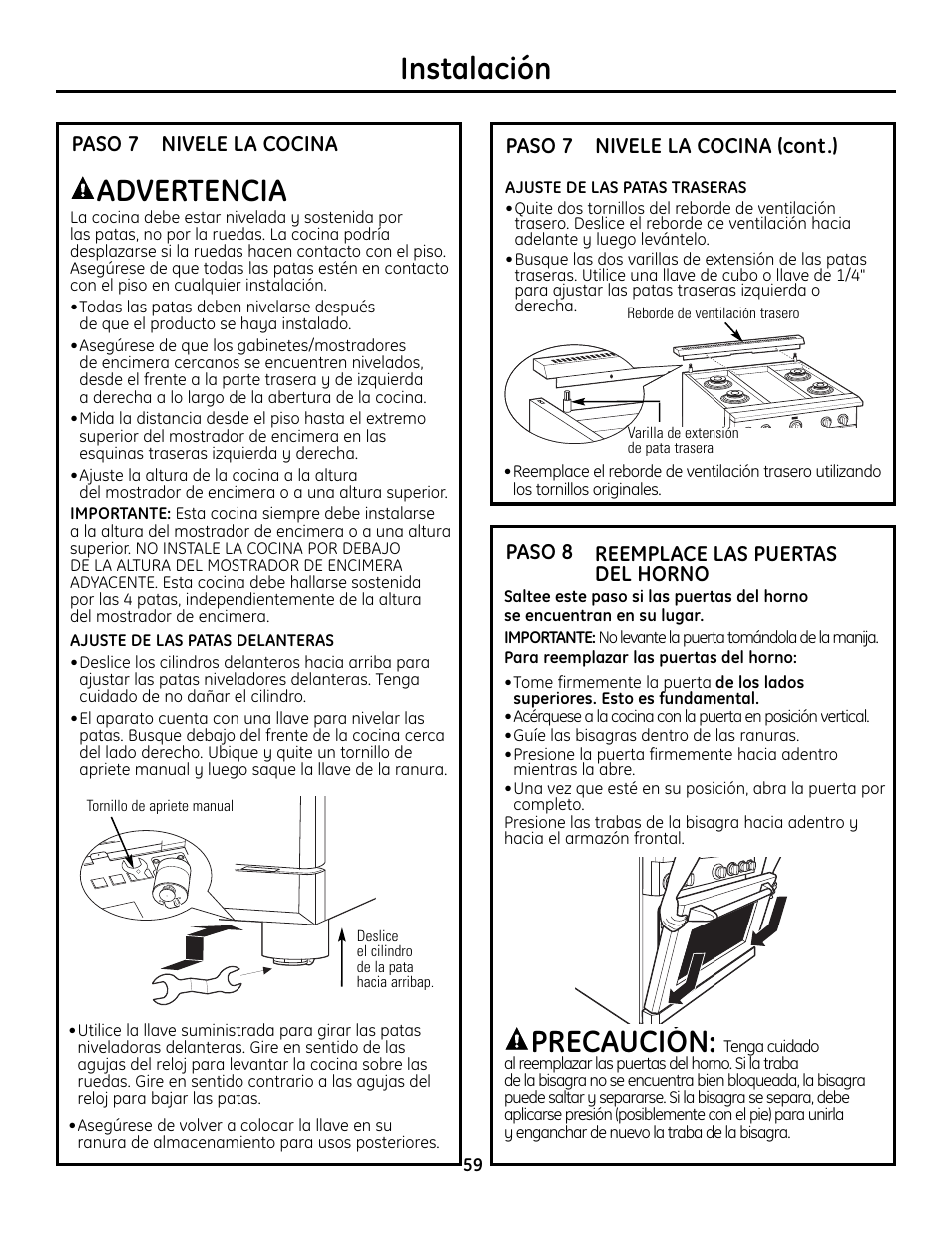 Paso 7, nivele la cocina, Paso 8, reemplace las puertas del horno, Precaución | Instalación, Advertencia | GE Monogram ZDP364LD User Manual | Page 59 / 68