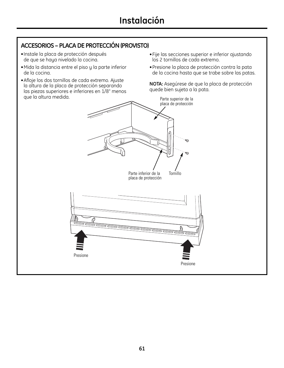 Accesorios, Instalación, Accesorios – placa de protección (provisto) | GE Monogram ZDP364LD User Manual | Page 61 / 68