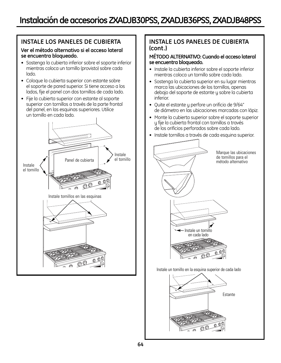 Instale los paneles de cubierta (cont.), Instale los paneles de cubierta | GE Monogram ZDP364LD User Manual | Page 64 / 68