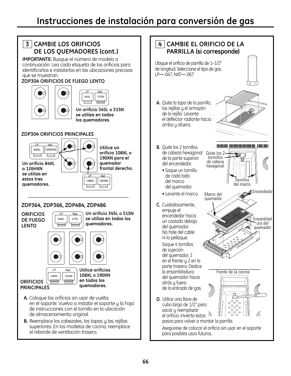 Cambie el orificio de la parrilla (si corresponde), Cambie los orificios de los quemadores (cont.) | GE Monogram ZDP364LD User Manual | Page 66 / 68