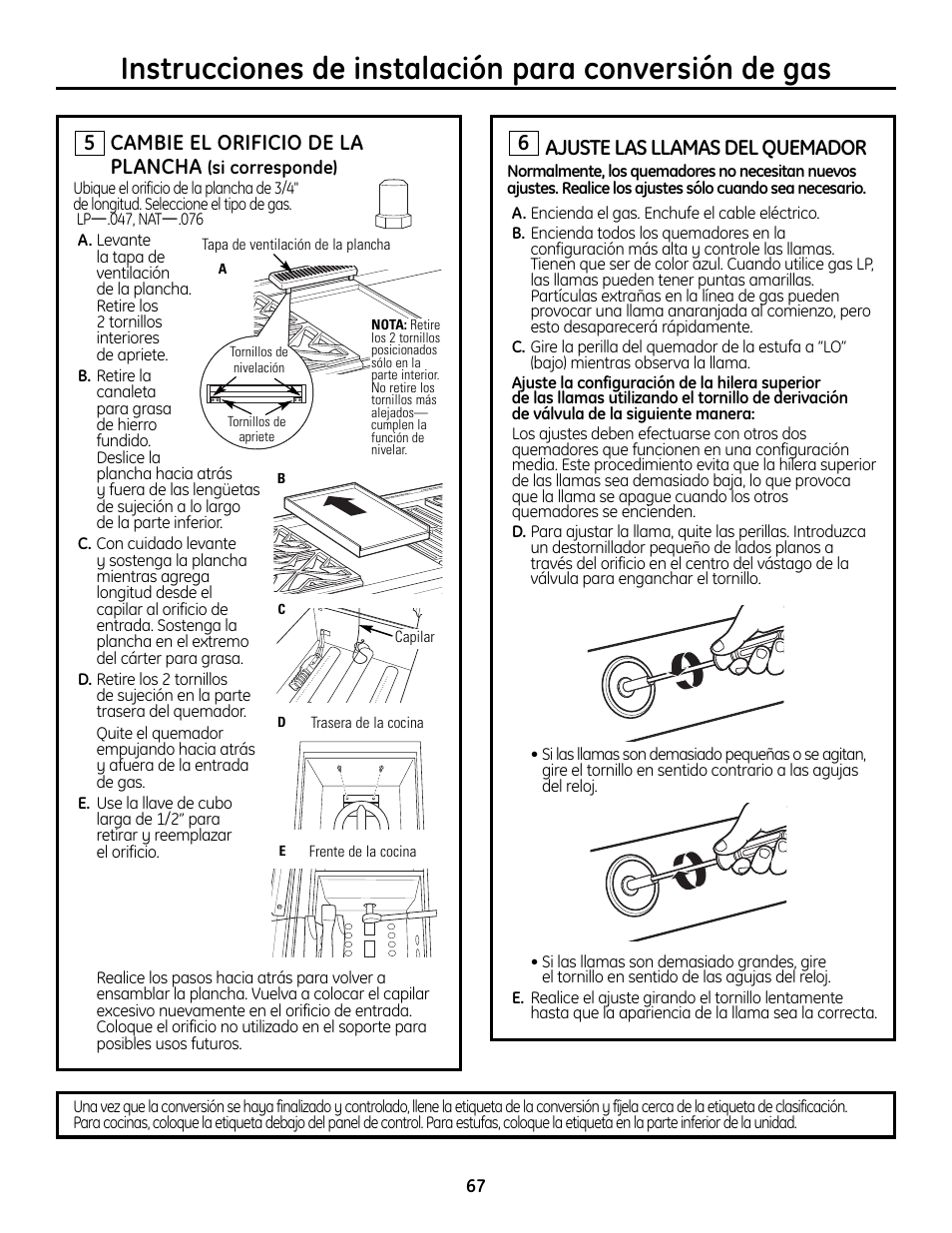 Cambie el orificio de la plancha, Ajuste las llamas del quemador | GE Monogram ZDP364LD User Manual | Page 67 / 68