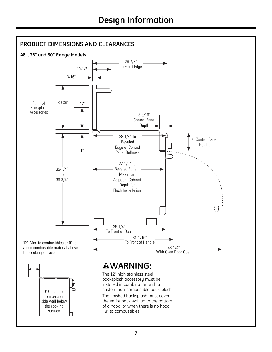 Design information, Warning, Product dimensions and clearances | GE Monogram ZDP364LD User Manual | Page 7 / 68