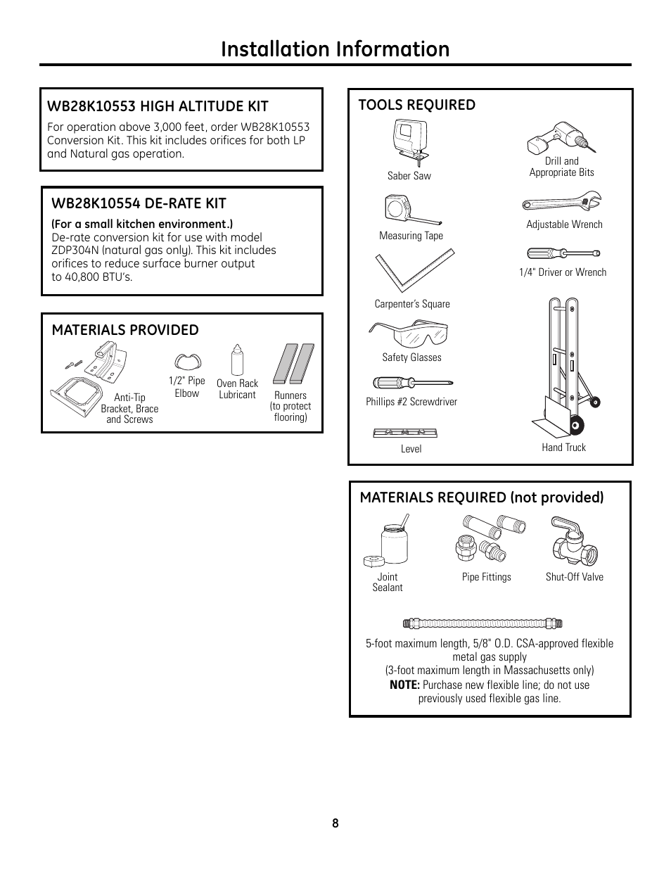 Tools and materials required, Installation information, Materials required (not provided) | Tools required, Materials provided | GE Monogram ZDP364LD User Manual | Page 8 / 68