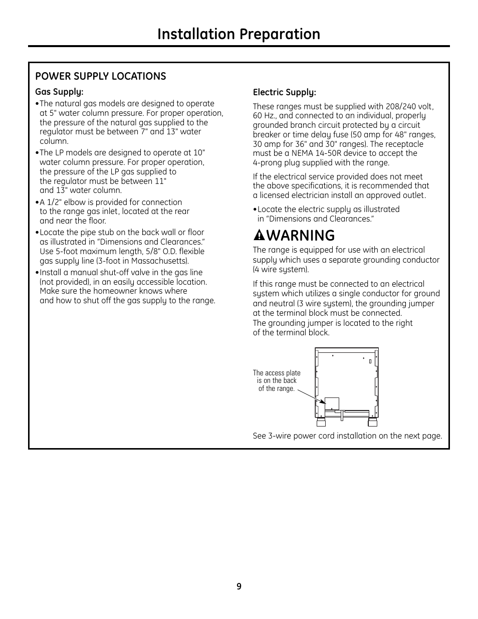 Power supply locations, Power supply locations , 10, Warning | Installation preparation | GE Monogram ZDP364LD User Manual | Page 9 / 68