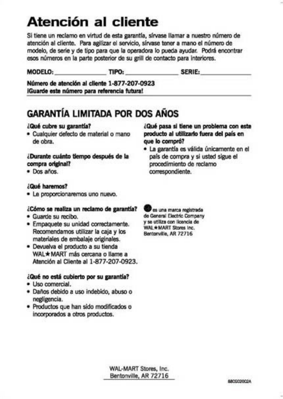 Atención al cliente | GE 169039 User Manual | Page 14 / 14