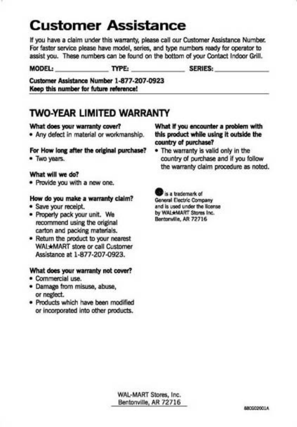 Customer assistance | GE 169039 User Manual | Page 7 / 14
