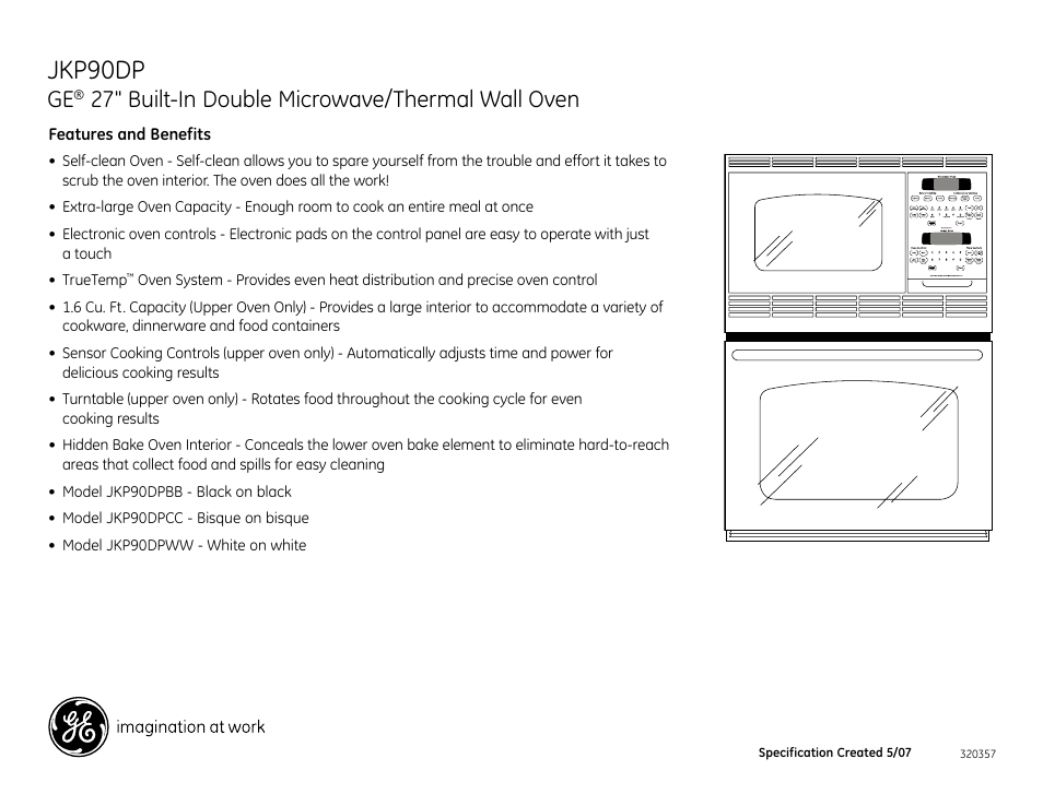 Jkp90dp, 27" built-in double microwave/thermal wall oven, Jkp90cm/wm/bm | GE JKP90DP User Manual | Page 2 / 2