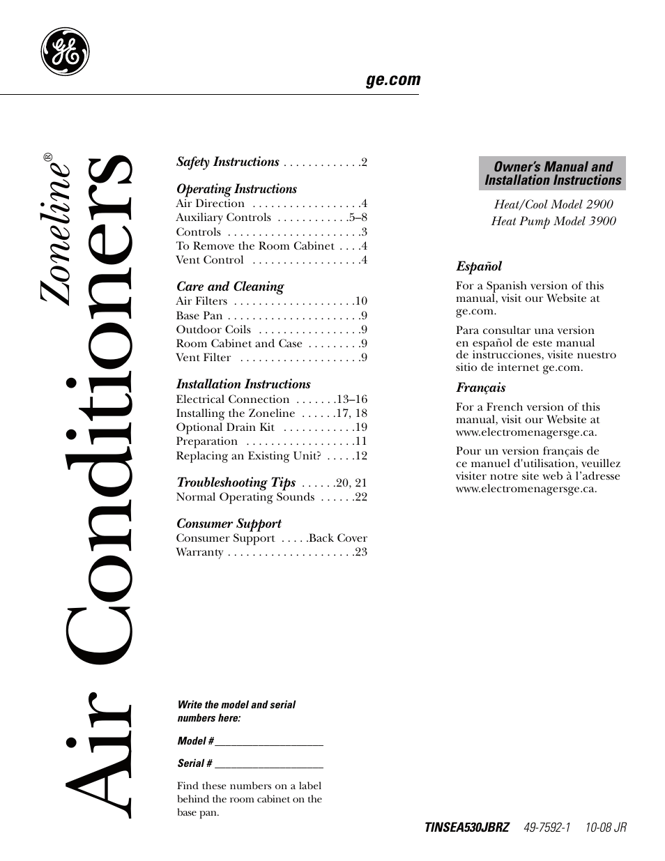 GE Zoneline TINSEA530JBRZ User Manual | 24 pages