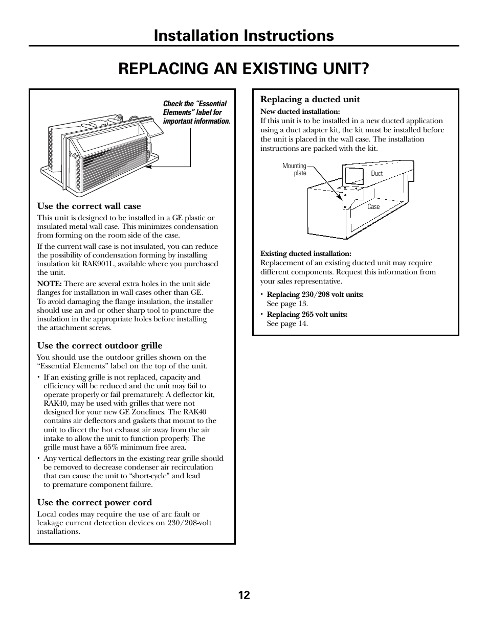 Replacing an existing unit, Installation instructions | GE Zoneline TINSEA530JBRZ User Manual | Page 12 / 24