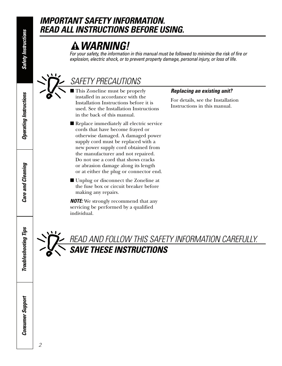 Safety instructions, Warning | GE Zoneline TINSEA530JBRZ User Manual | Page 2 / 24