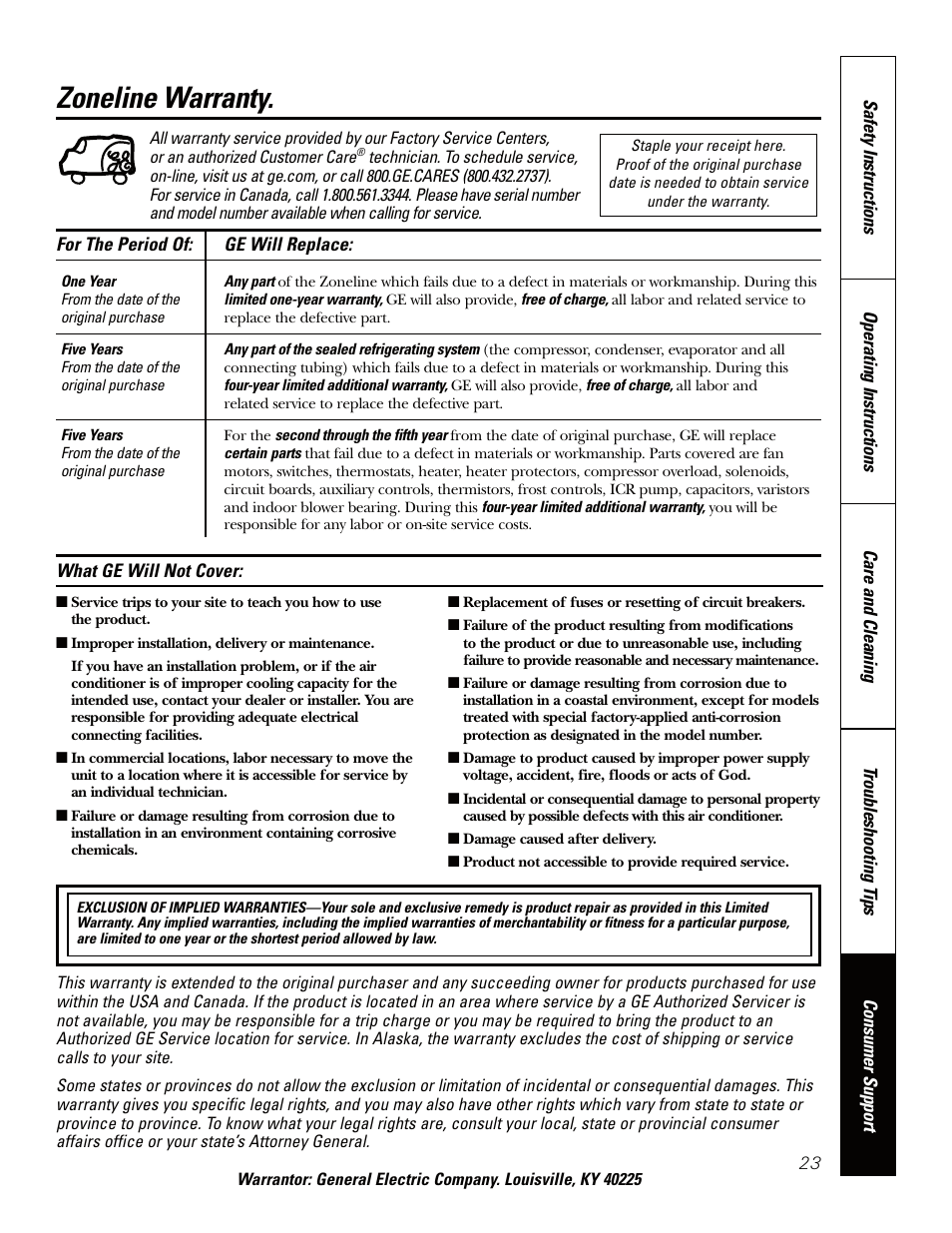 Warranty, Zoneline warranty | GE Zoneline TINSEA530JBRZ User Manual | Page 23 / 24